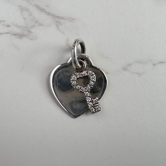 Sterling Silver & Rhinestones Heart and Key Charm or Pendant with 16" Chain - Picture 5 of 7